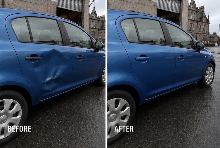 Panel dent repair on a Vauxhall Corsa, before and after