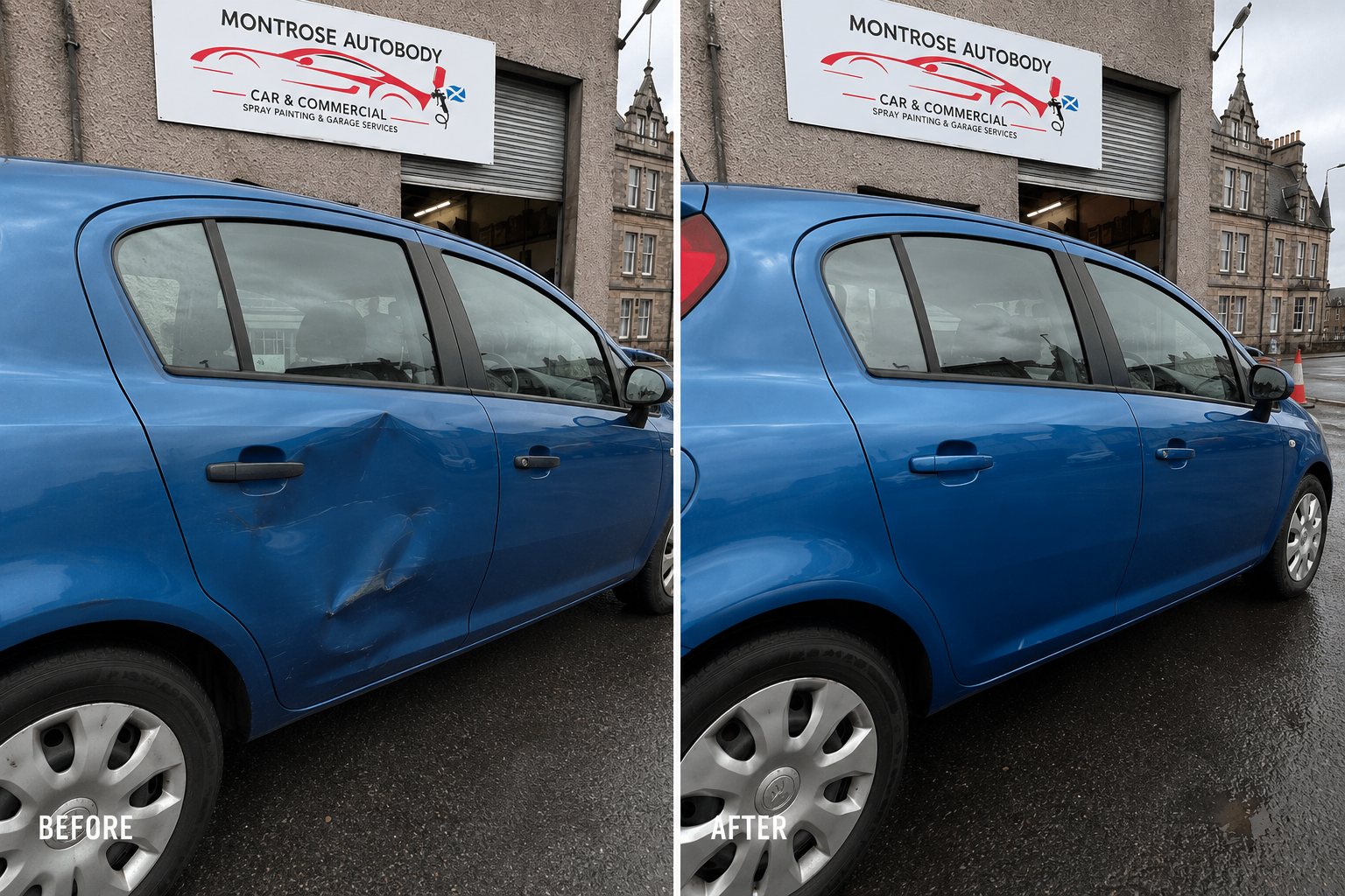 Panel dent repair on a Vauxhall Corsa, before and after