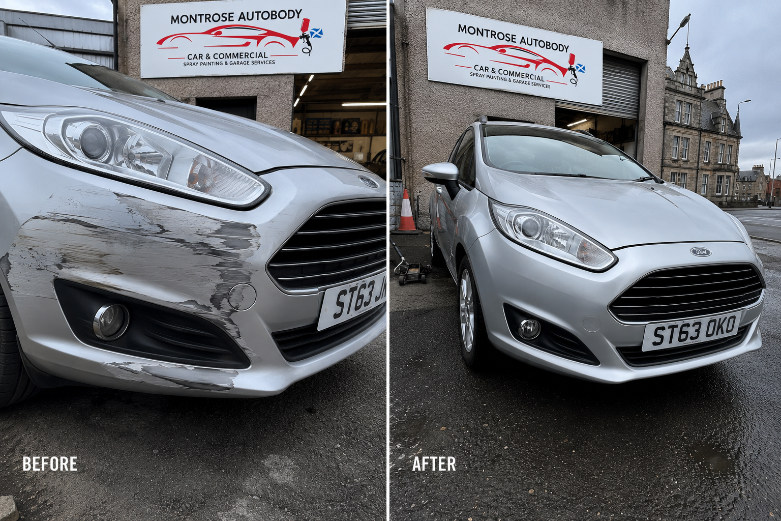 Front bumper respray on a Ford Fiesta, before and after