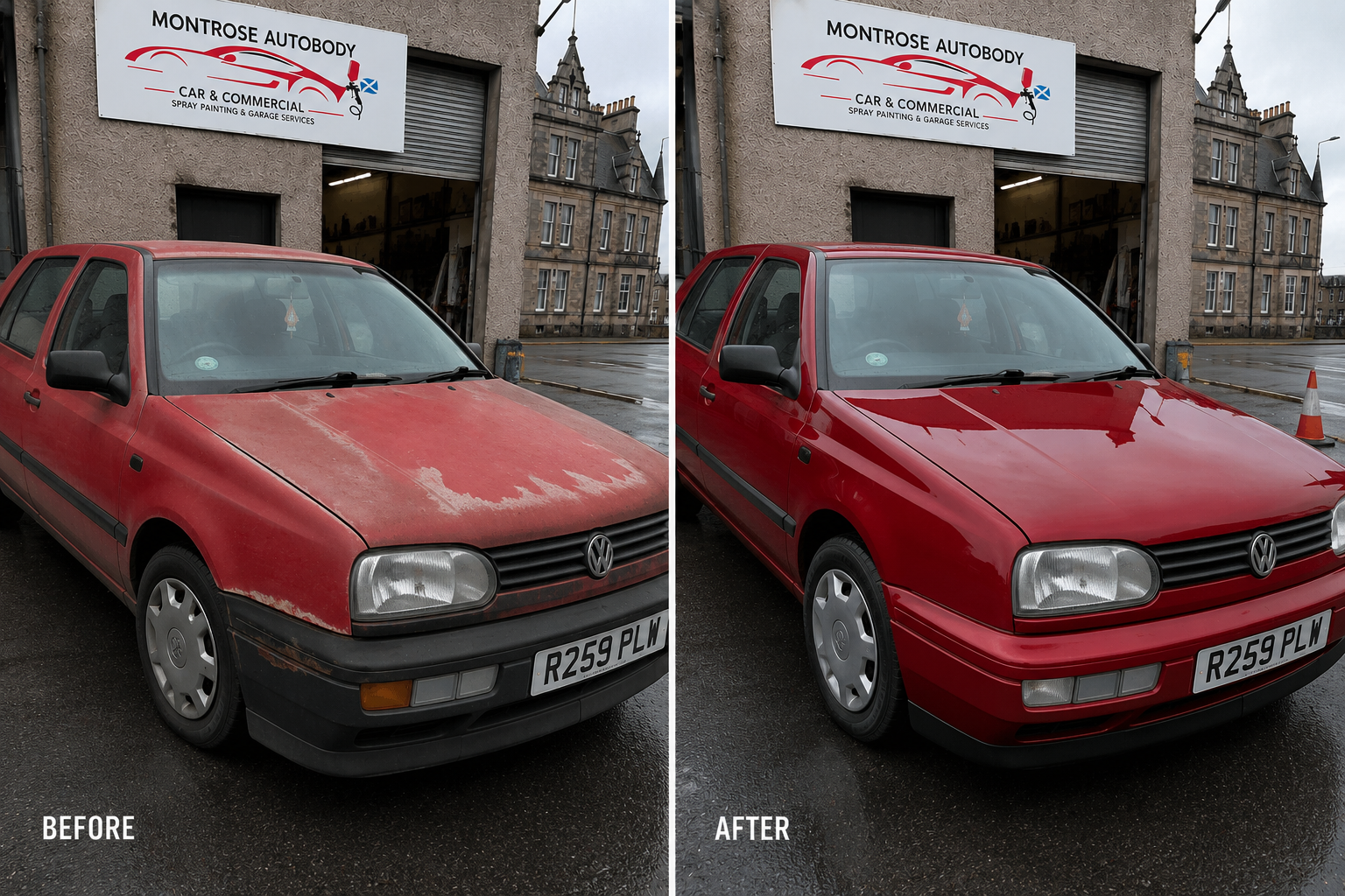 Full vehicle respray on a Volkswagen Golf, before and after